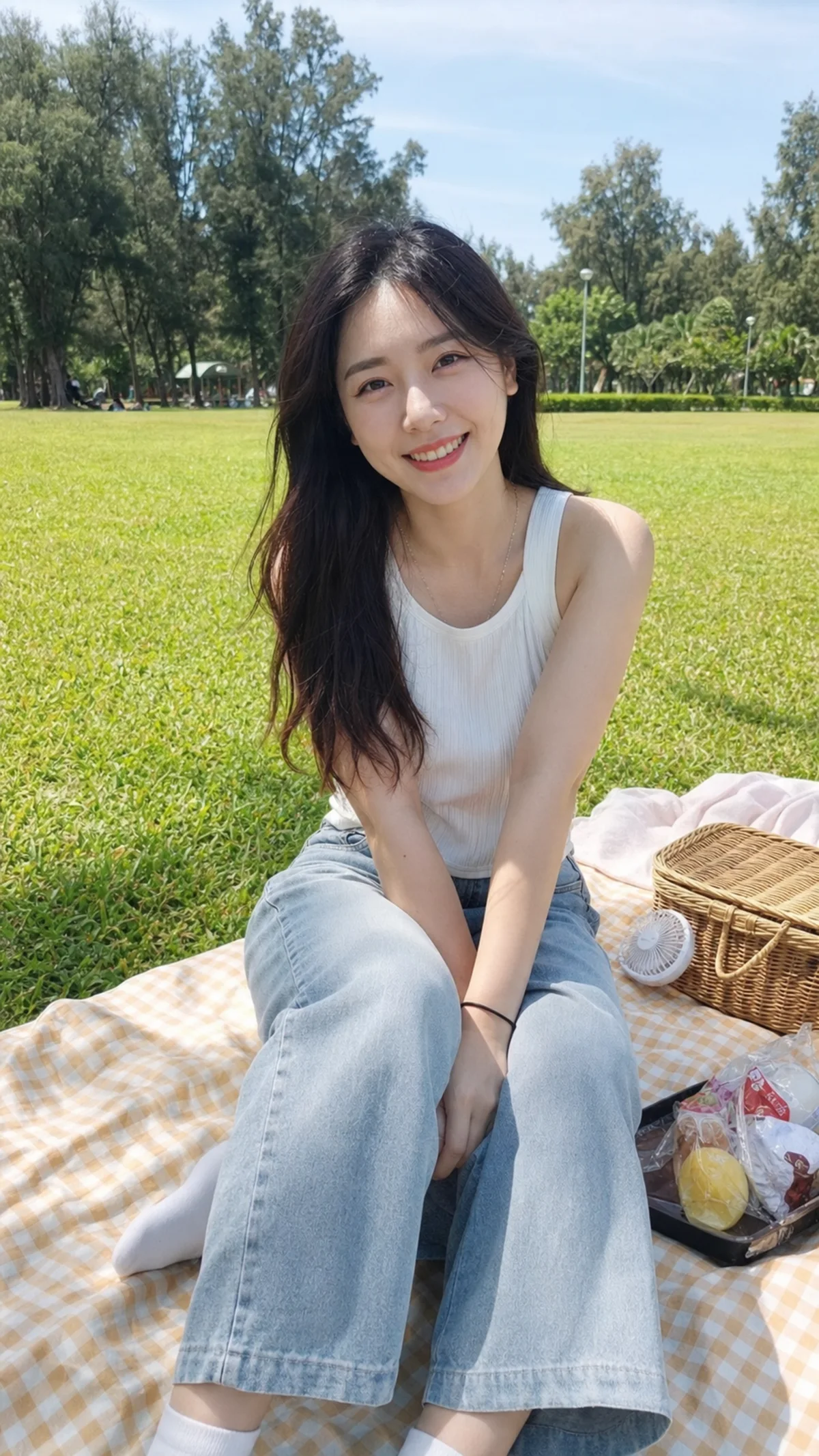 Taiwanese woman sitting on a picnic blanket on a sunny park lawn